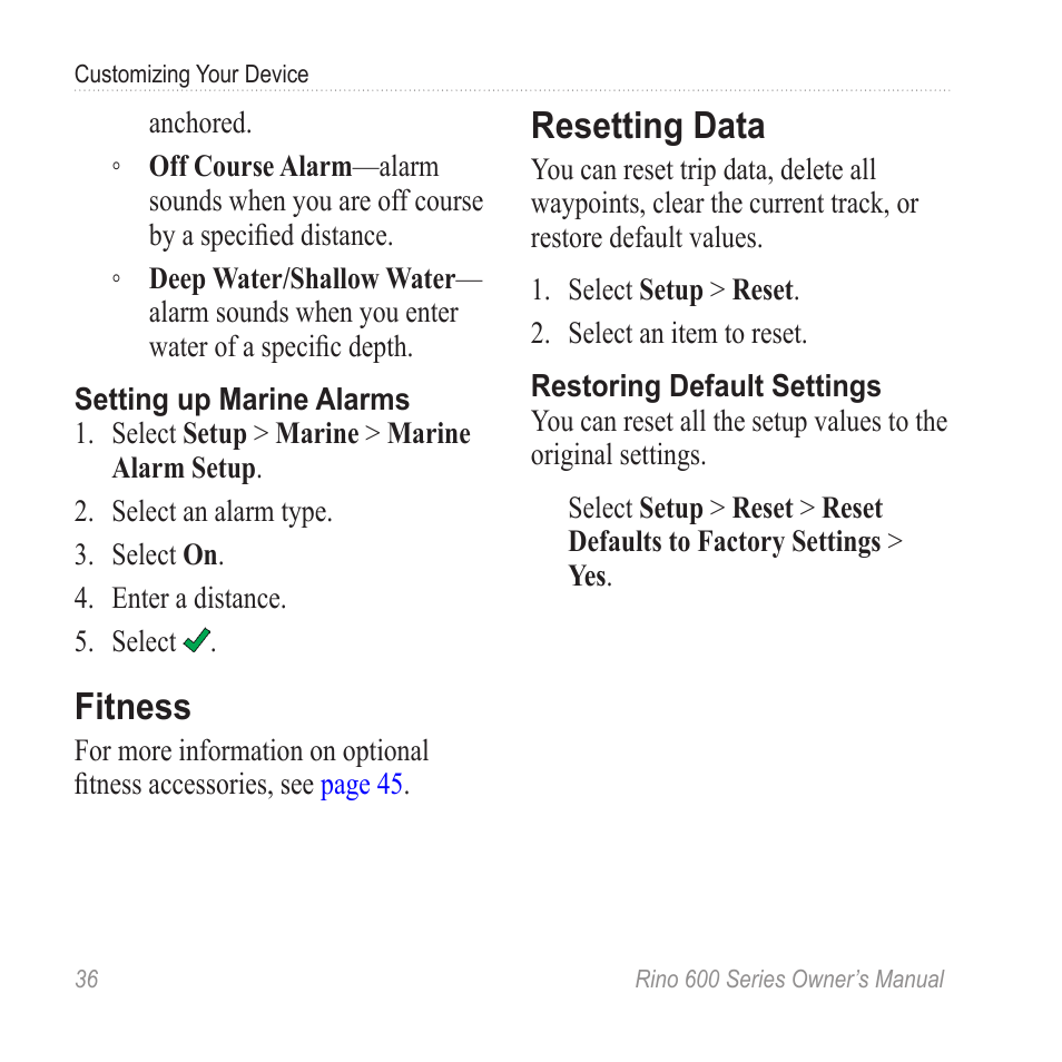 Fitness, Resetting data | Garmin Rino 655t User Manual | Page 38 / 60