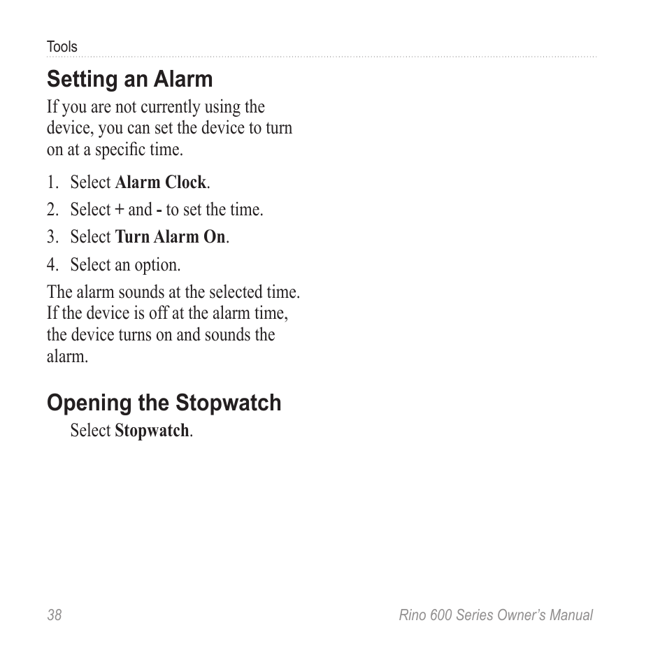 Setting an alarm, Opening the stopwatch | Garmin Rino 655t User Manual | Page 40 / 60