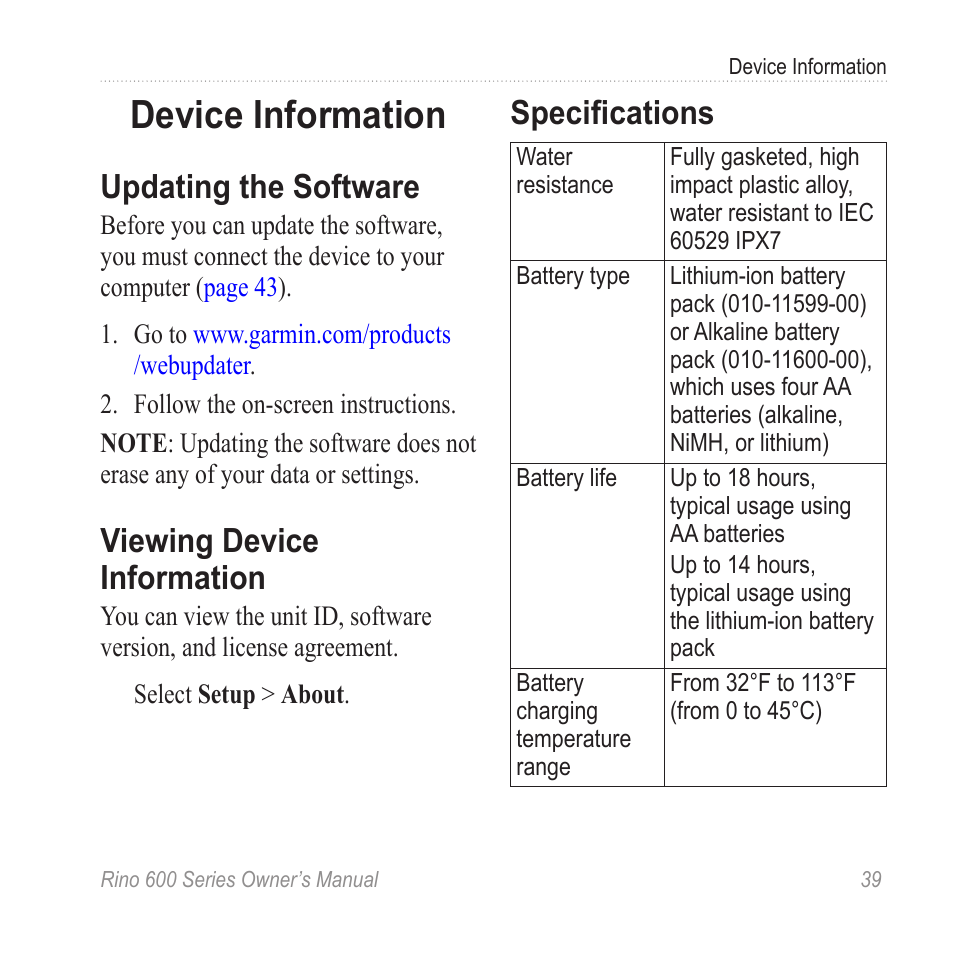 Device information, Updating the software, Viewing device information | Specifications | Garmin Rino 655t User Manual | Page 41 / 60