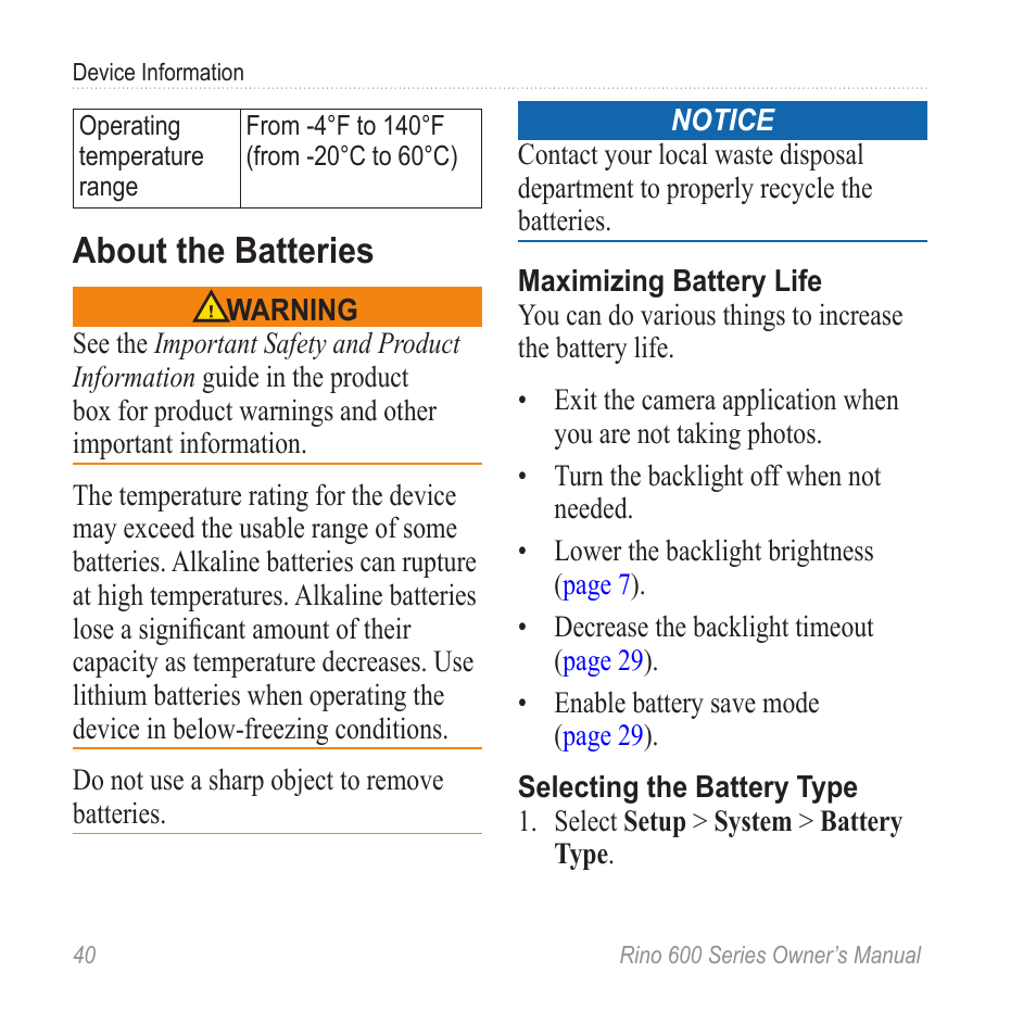 About the batteries | Garmin Rino 655t User Manual | Page 42 / 60