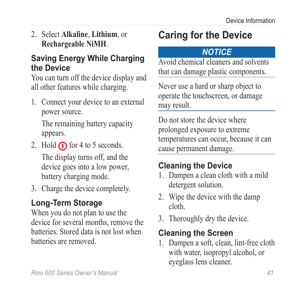 Caring for the device | Garmin Rino 655t User Manual | Page 43 / 60