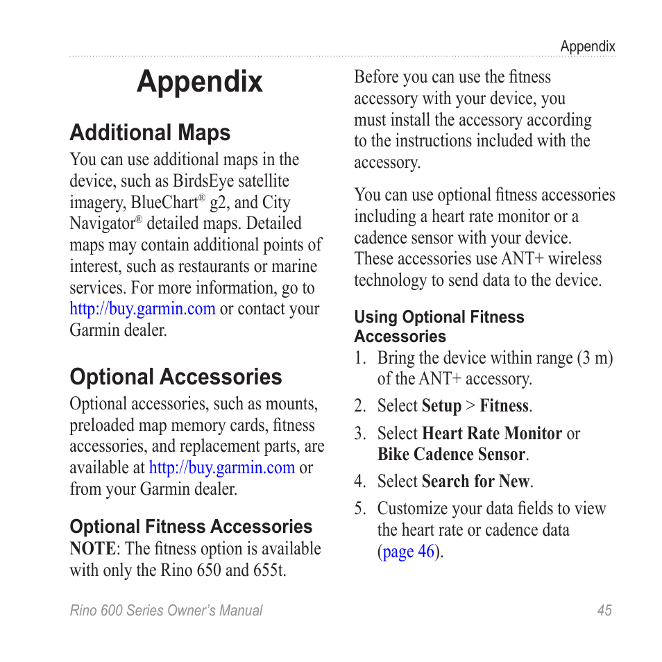 Additional maps, Optional accessories, Additional maps, see | Appendix | Garmin Rino 655t User Manual | Page 47 / 60