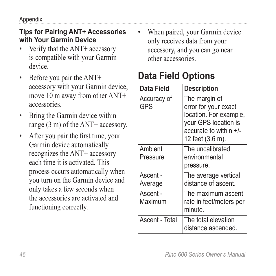 Data field options | Garmin Rino 655t User Manual | Page 48 / 60