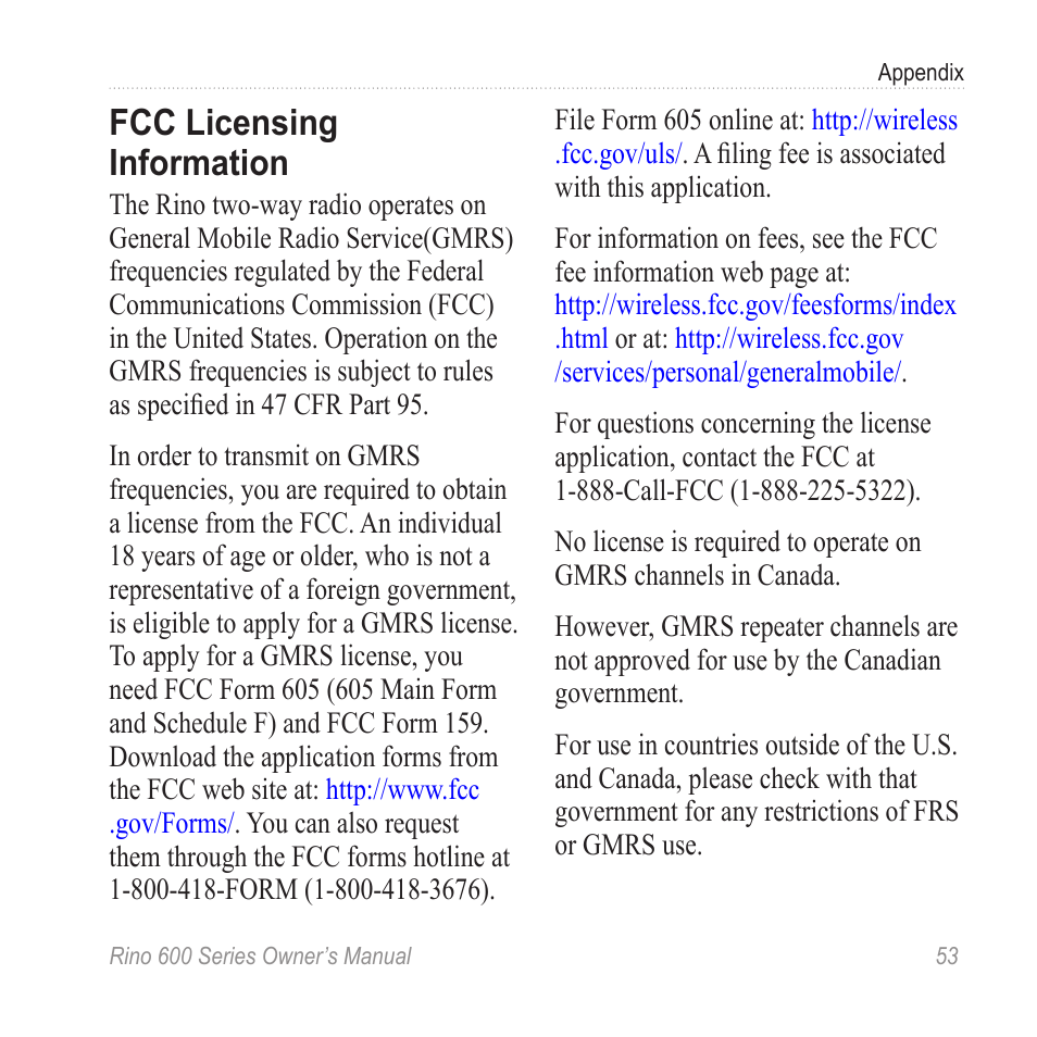 Fcc licensing information | Garmin Rino 655t User Manual | Page 55 / 60