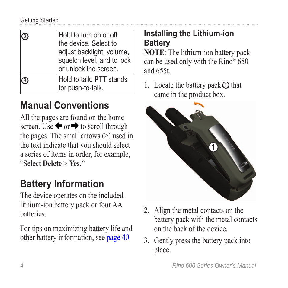 Manual conventions, Battery information, Install the batteries | Garmin Rino 655t User Manual | Page 6 / 60