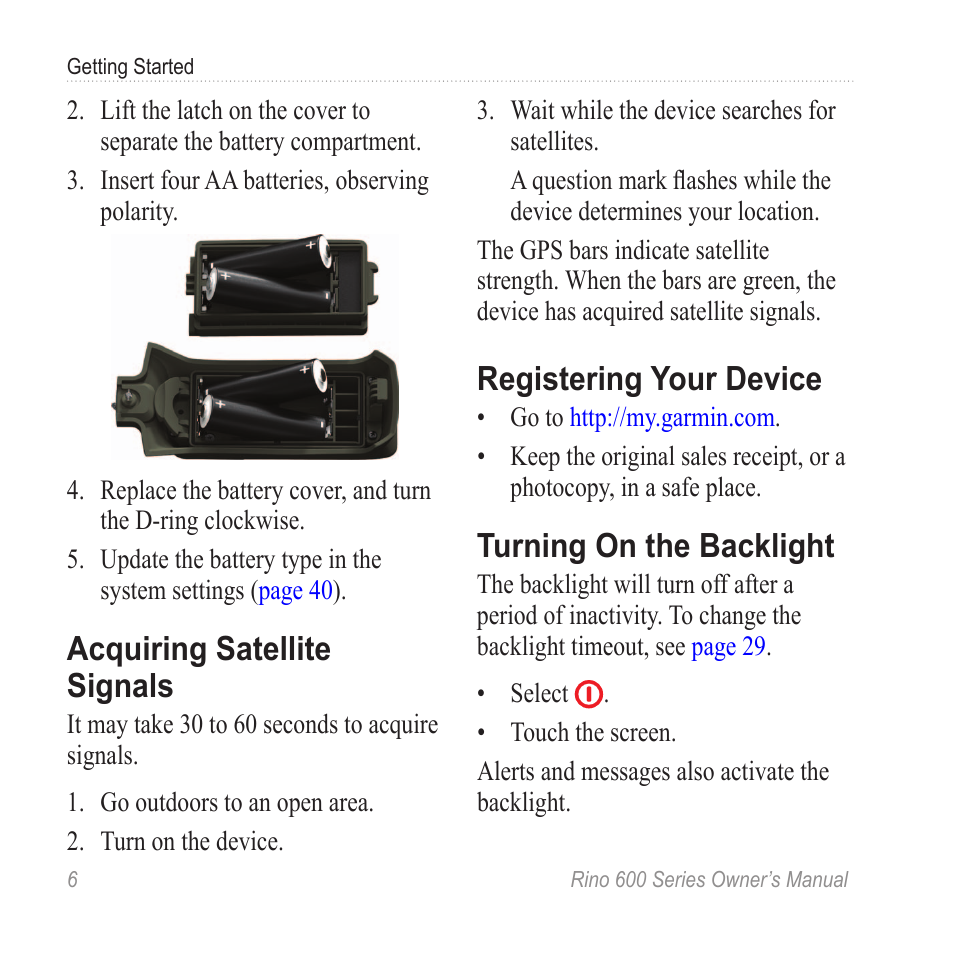 Acquiring satellite signals, Registering your device, Turning on the backlight | Register the device, Acquire satellites | Garmin Rino 655t User Manual | Page 8 / 60