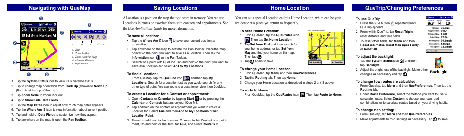 Home location, Quetrip/changing preferences, Saving locations | Navigating with quemap | Garmin iQue M5 User Manual | Page 2 / 2