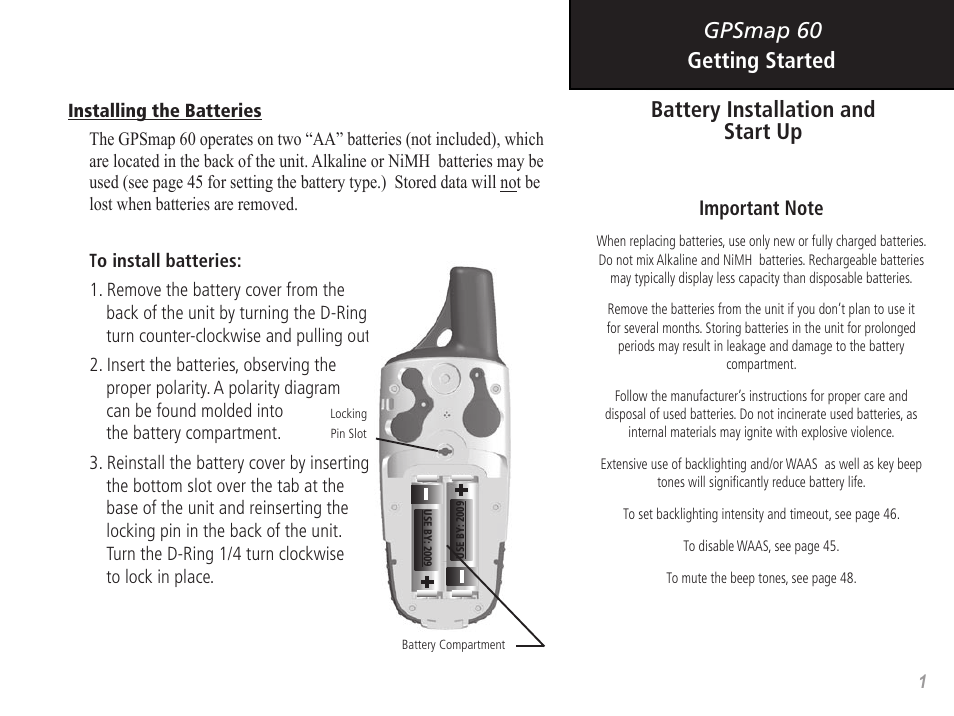 Gpsmap 60 battery installation and start up, Getting started | Garmin GPSMAP 60 User Manual | Page 11 / 94