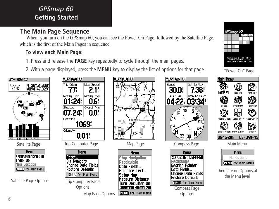 Gpsmap 60 getting started the main page sequence | Garmin GPSMAP 60 User Manual | Page 16 / 94