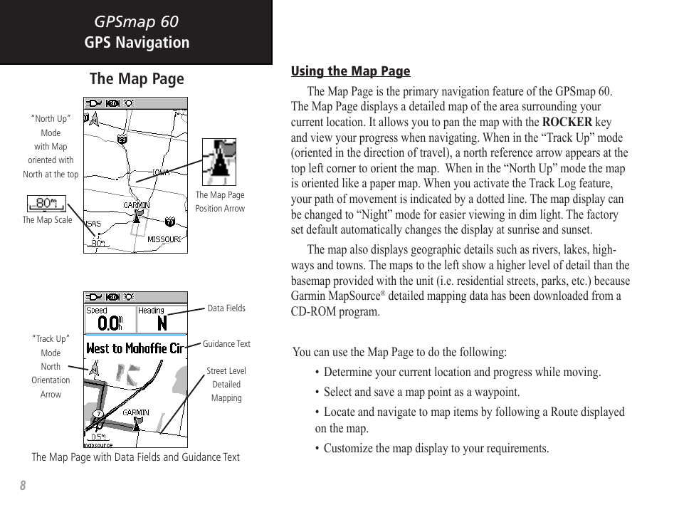 Gpsmap 60 gps navigation the map page | Garmin GPSMAP 60 User Manual | Page 18 / 94
