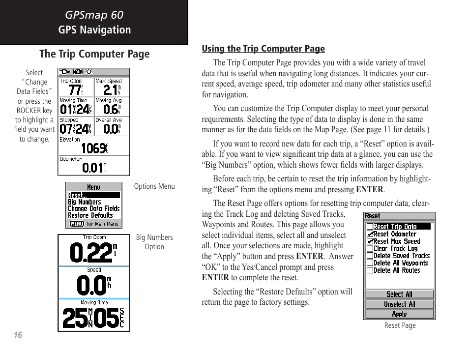 Gpsmap 60 gps navigation the trip computer page | Garmin GPSMAP 60 User Manual | Page 26 / 94