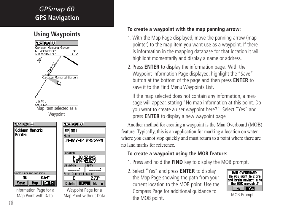 Gpsmap 60 gps navigation, Using waypoints | Garmin GPSMAP 60 User Manual | Page 28 / 94