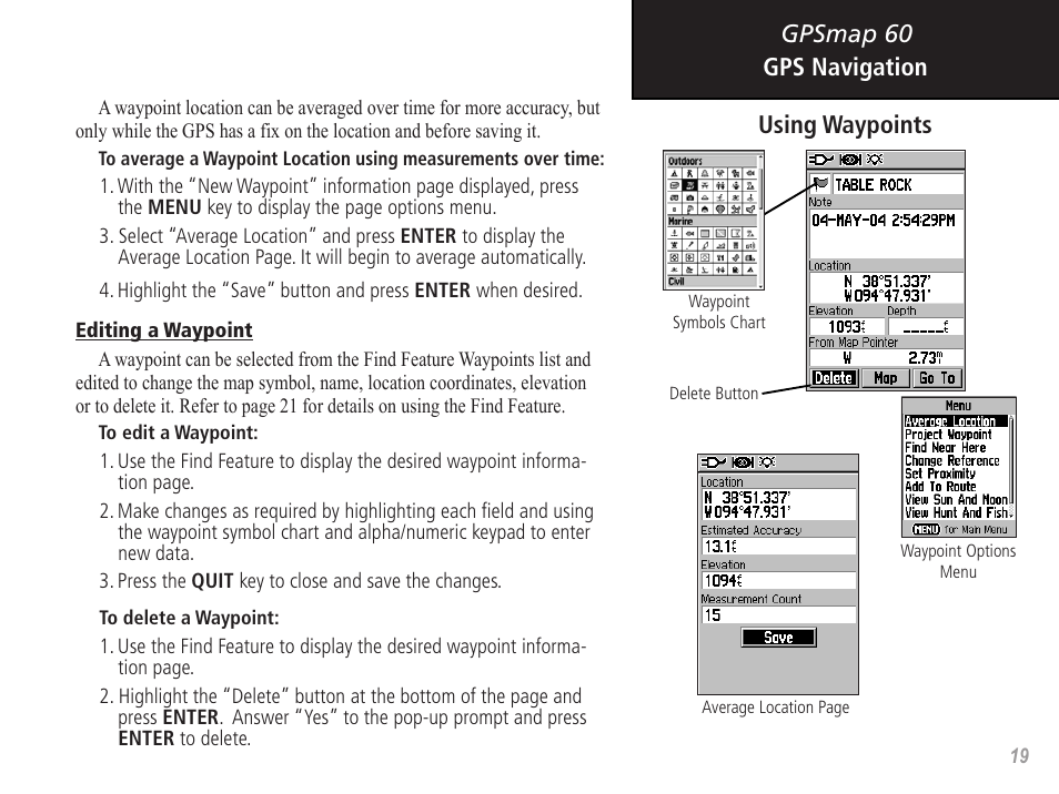 Gpsmap 60 gps navigation, Using waypoints | Garmin GPSMAP 60 User Manual | Page 29 / 94