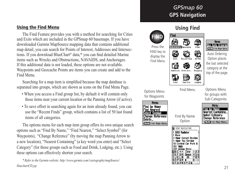 Gpsmap 60 gps navigation, Using find, Find | Garmin GPSMAP 60 User Manual | Page 31 / 94