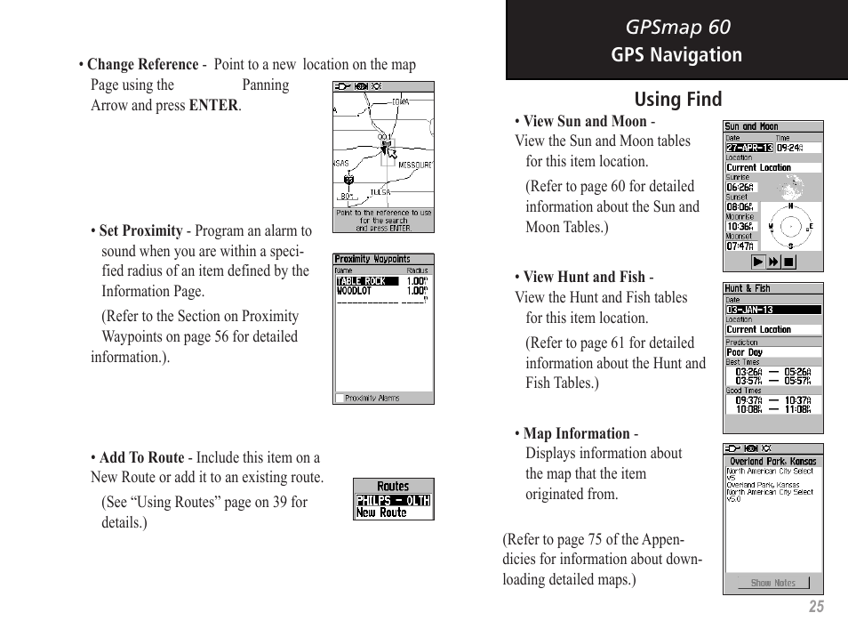 Gpsmap 60, Gps navigation using find | Garmin GPSMAP 60 User Manual | Page 35 / 94