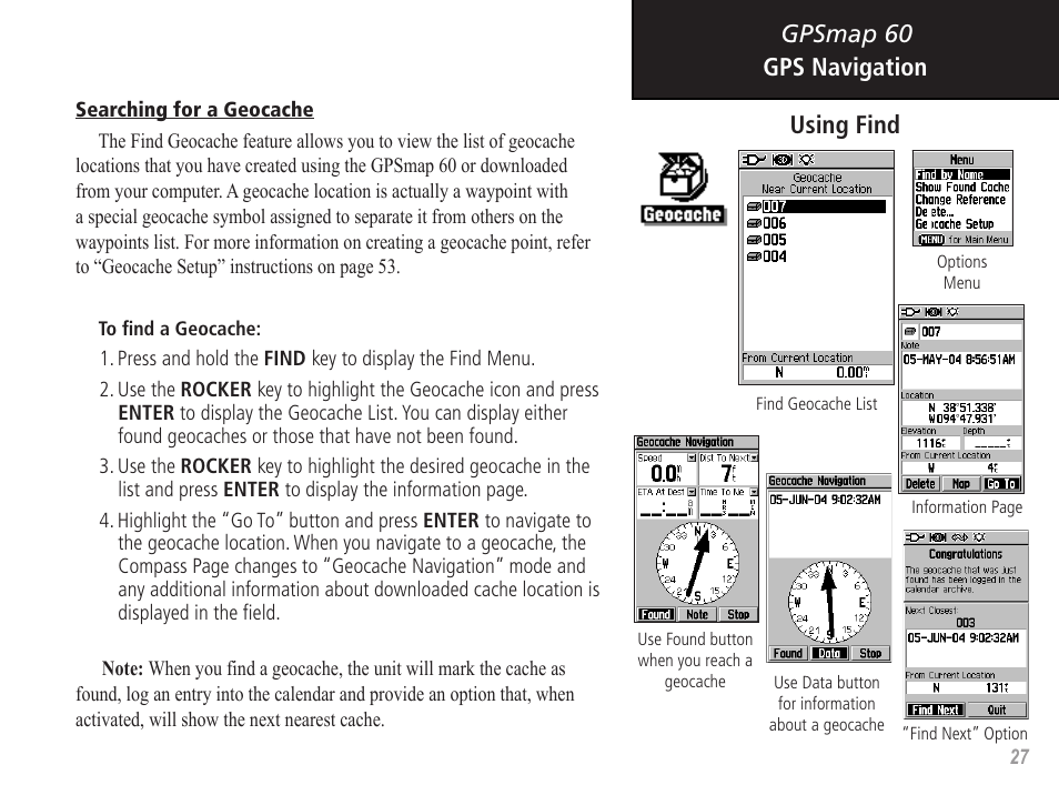 Gpsmap 60 gps navigation using find | Garmin GPSMAP 60 User Manual | Page 37 / 94