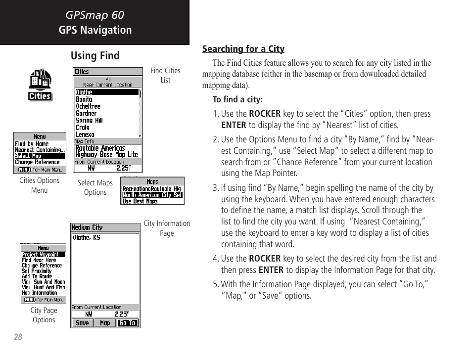 Gpsmap 60 gps navigation using find | Garmin GPSMAP 60 User Manual | Page 38 / 94