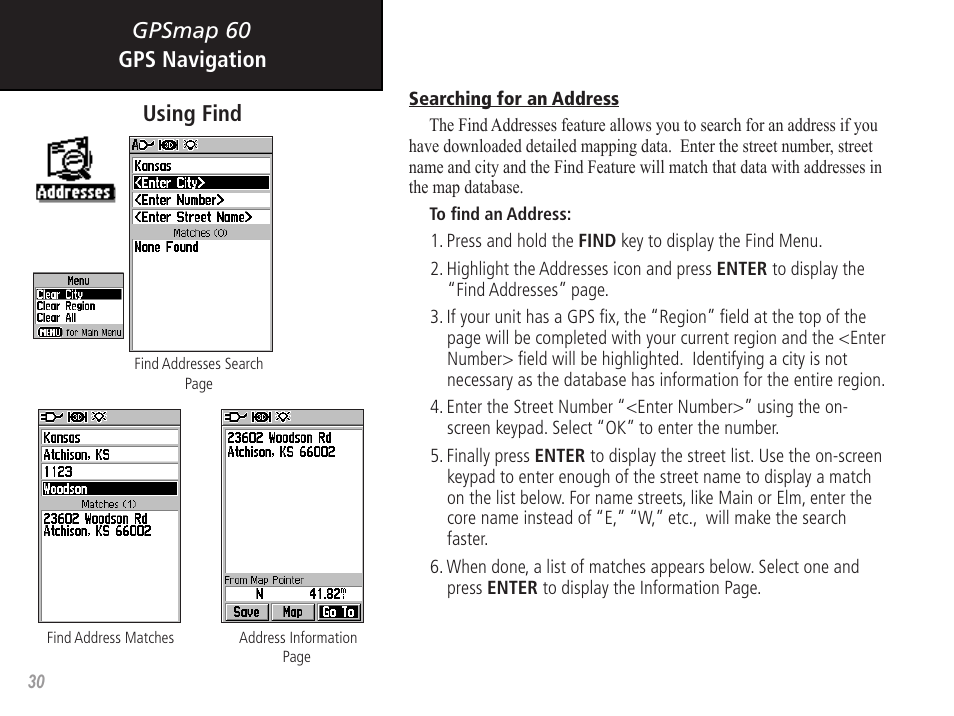 Gpsmap 60 gps navigation using find | Garmin GPSMAP 60 User Manual | Page 40 / 94