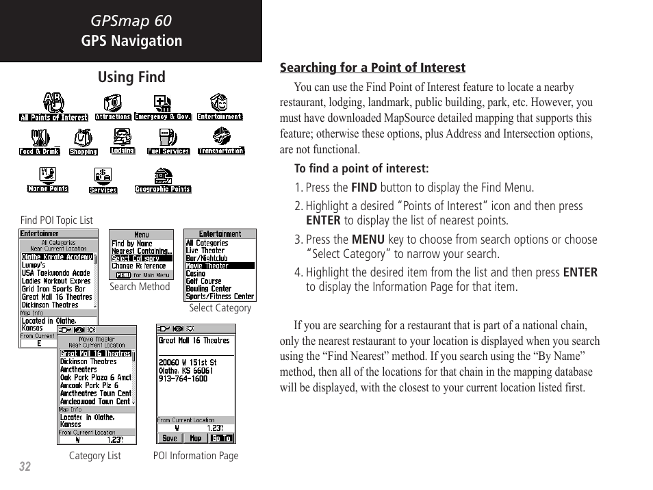 Gpsmap 60, Gps navigation using find | Garmin GPSMAP 60 User Manual | Page 42 / 94