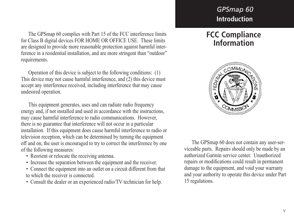 Fcc compliance information | Garmin GPSMAP 60 User Manual | Page 5 / 94