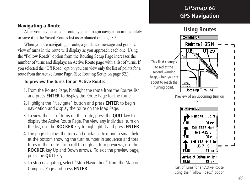 Gpsmap 60 gps navigation using routes | Garmin GPSMAP 60 User Manual | Page 51 / 94