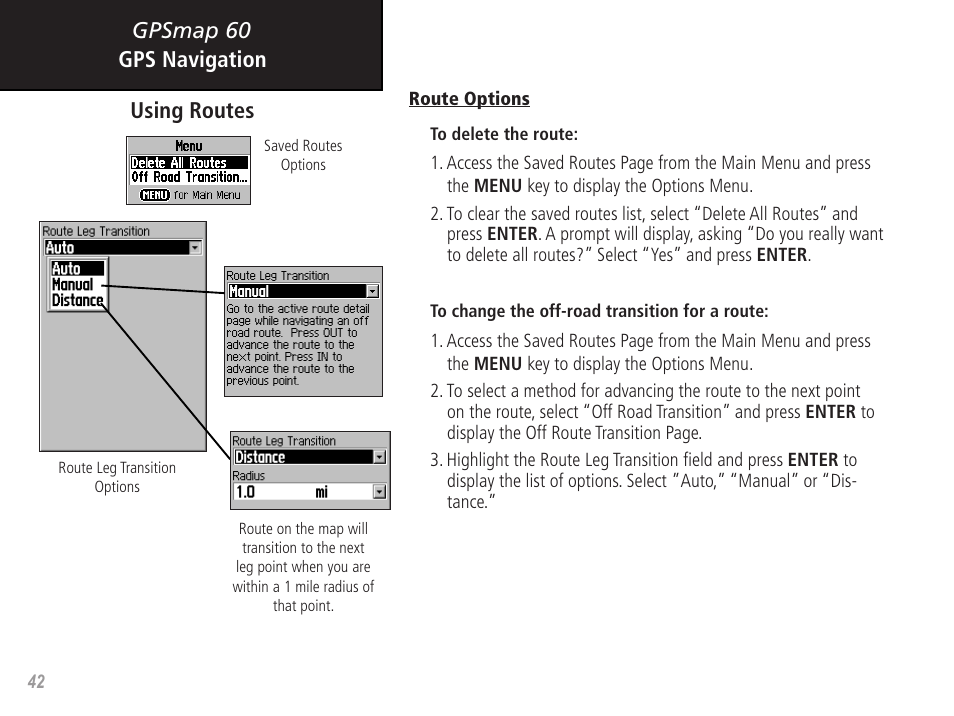 Gpsmap 60 gps navigation using routes | Garmin GPSMAP 60 User Manual | Page 52 / 94