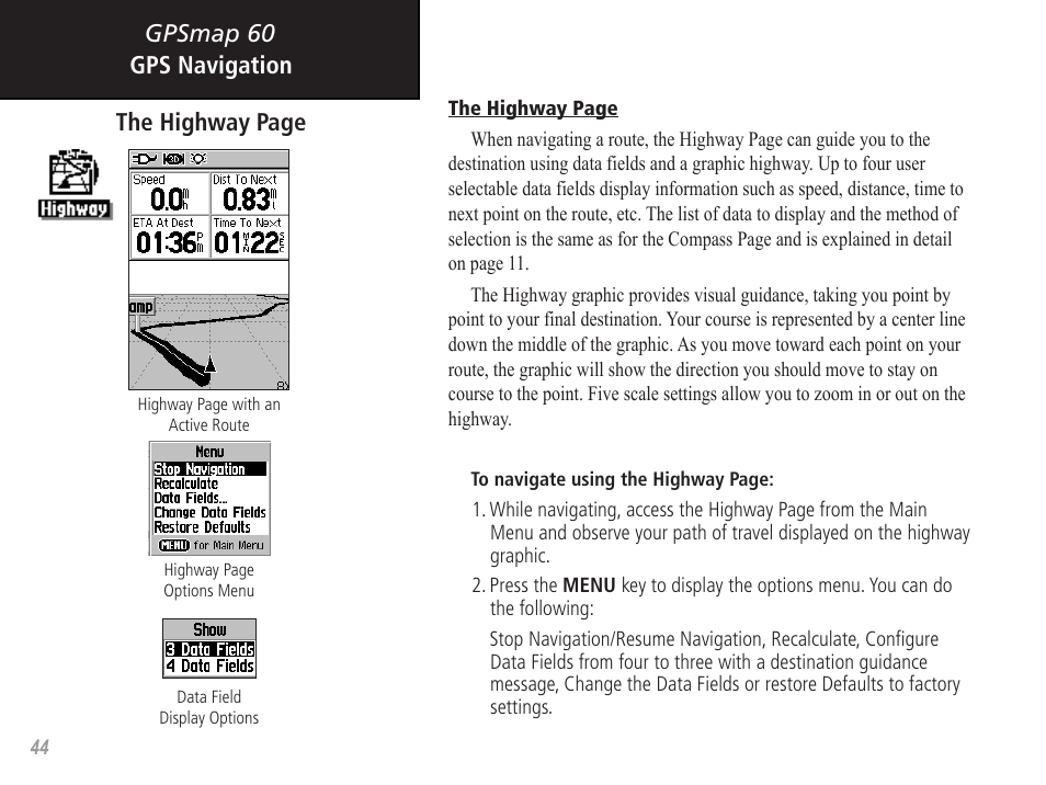 Gpsmap 60 the highway page gps navigation | Garmin GPSMAP 60 User Manual | Page 54 / 94