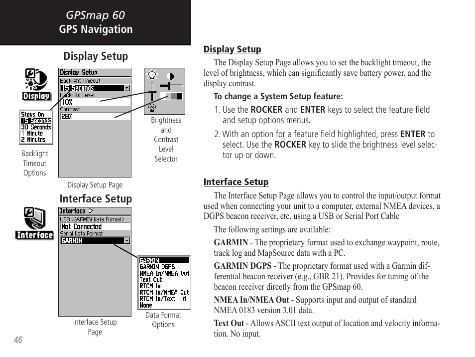 Gpsmap 60 gps navigation interface setup, Display setup | Garmin GPSMAP 60 User Manual | Page 56 / 94