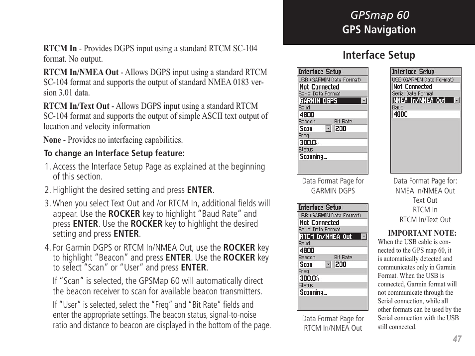 Gpsmap 60 gps navigation, Interface setup | Garmin GPSMAP 60 User Manual | Page 57 / 94