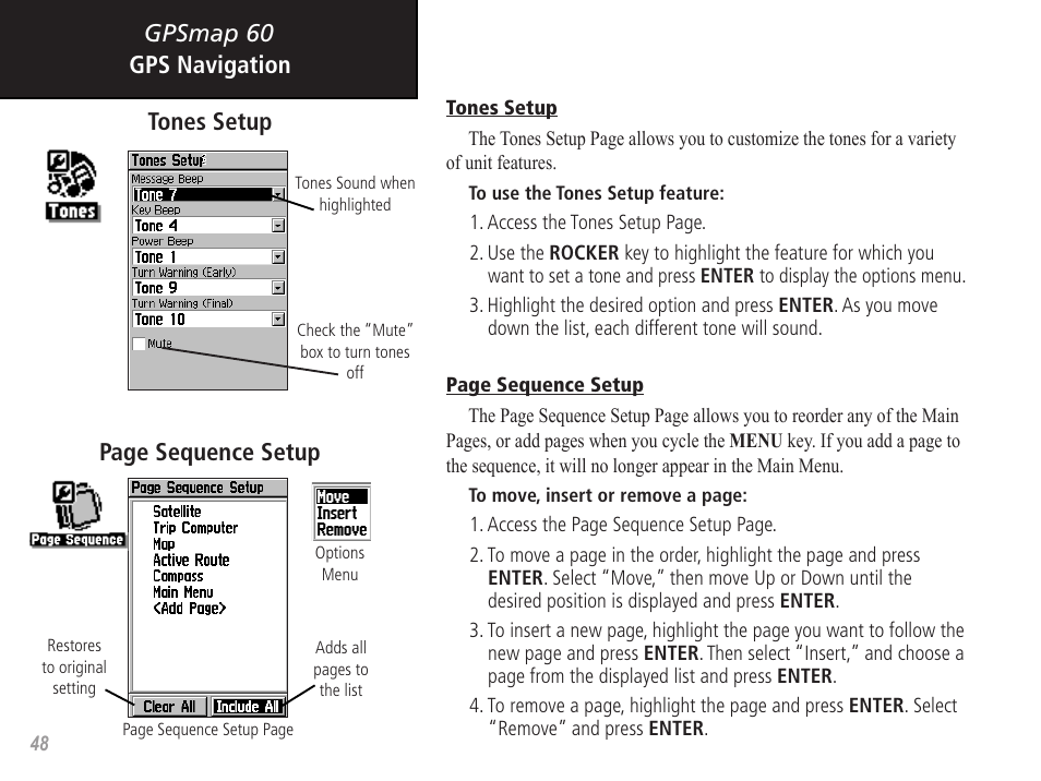 Gpsmap 60, Gps navigation page sequence setup tones setup | Garmin GPSMAP 60 User Manual | Page 58 / 94