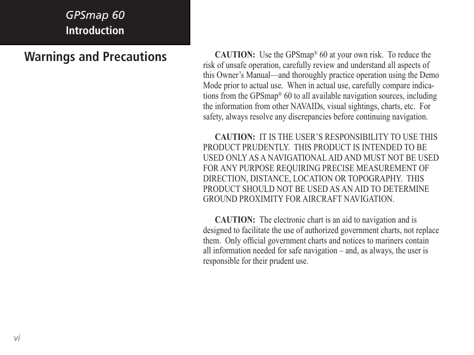 Warnings and precautions, Gpsmap 60, Introduction | Garmin GPSMAP 60 User Manual | Page 6 / 94