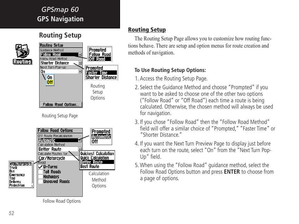 Gpsmap 60 gps navigation routing setup | Garmin GPSMAP 60 User Manual | Page 62 / 94