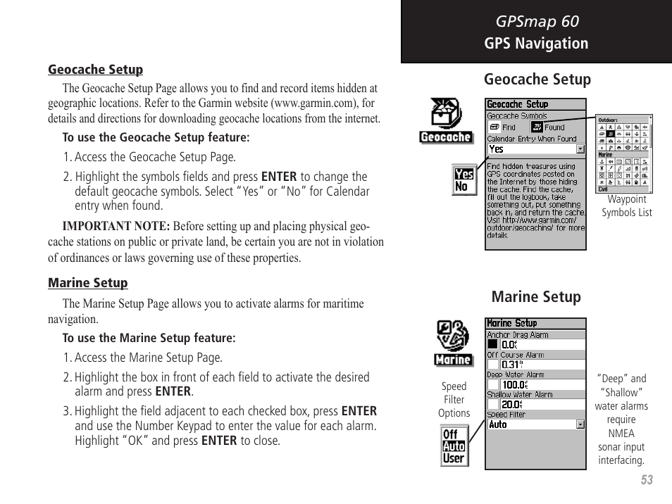 Gpsmap 60, Gps navigation geocache setup marine setup | Garmin GPSMAP 60 User Manual | Page 63 / 94