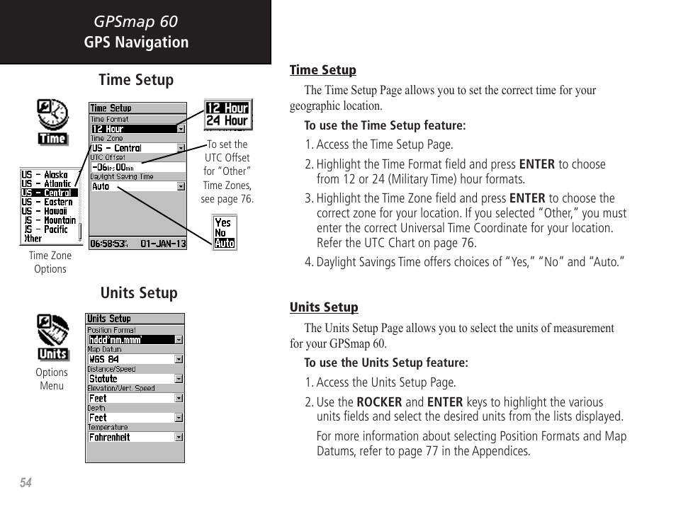 Gpsmap 60 gps navigation, Units setup time setup | Garmin GPSMAP 60 User Manual | Page 64 / 94