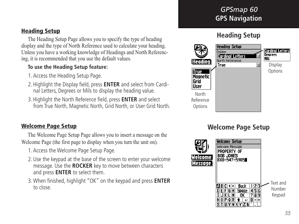 Gpsmap 60, Welcome page setup gps navigation heading setup | Garmin GPSMAP 60 User Manual | Page 65 / 94