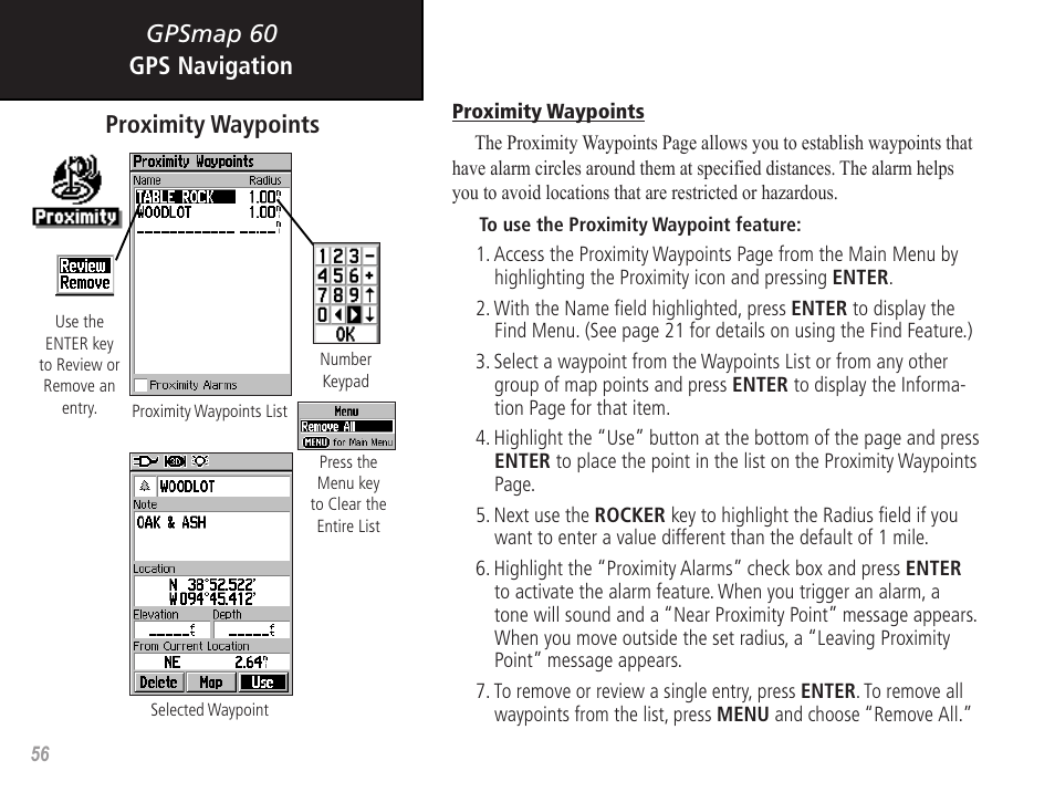 Gpsmap 60 gps navigation proximity waypoints | Garmin GPSMAP 60 User Manual | Page 66 / 94