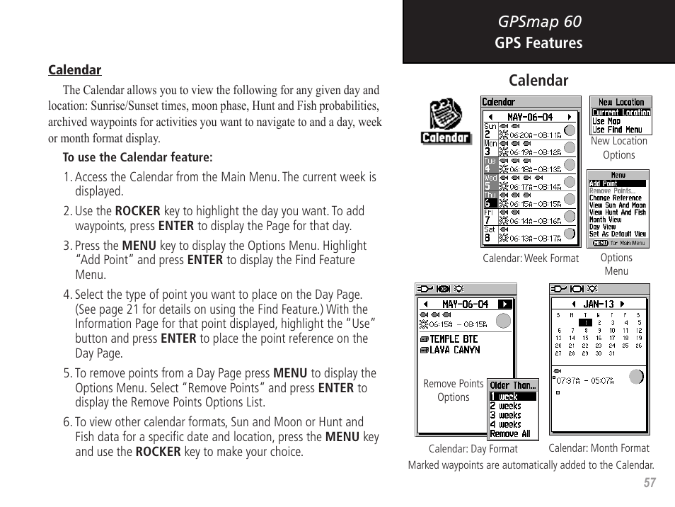 Gpsmap 60 gps features, Calendar | Garmin GPSMAP 60 User Manual | Page 67 / 94