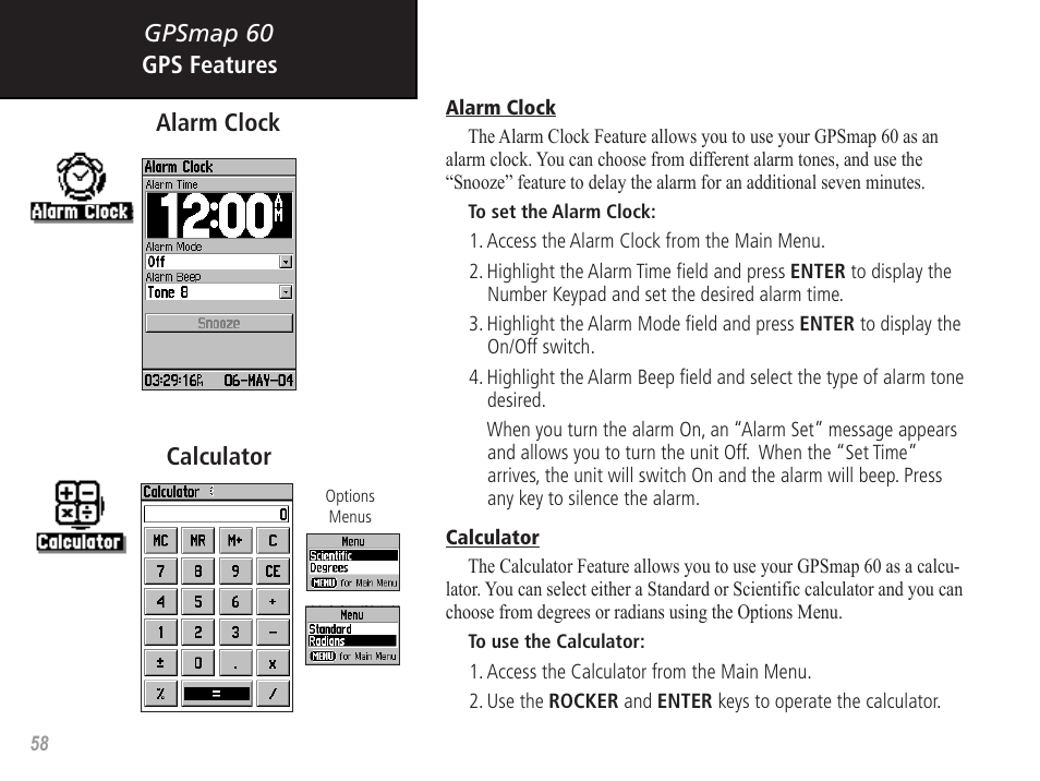 Gpsmap 60 gps features calculator alarm clock | Garmin GPSMAP 60 User Manual | Page 68 / 94