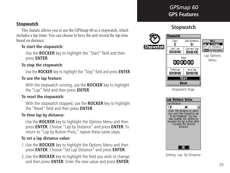 Gpsmap 60 gps features stopwatch | Garmin GPSMAP 60 User Manual | Page 69 / 94