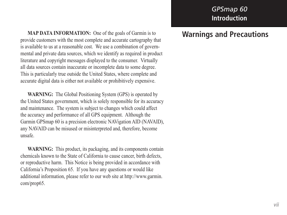Warnings and precautions | Garmin GPSMAP 60 User Manual | Page 7 / 94