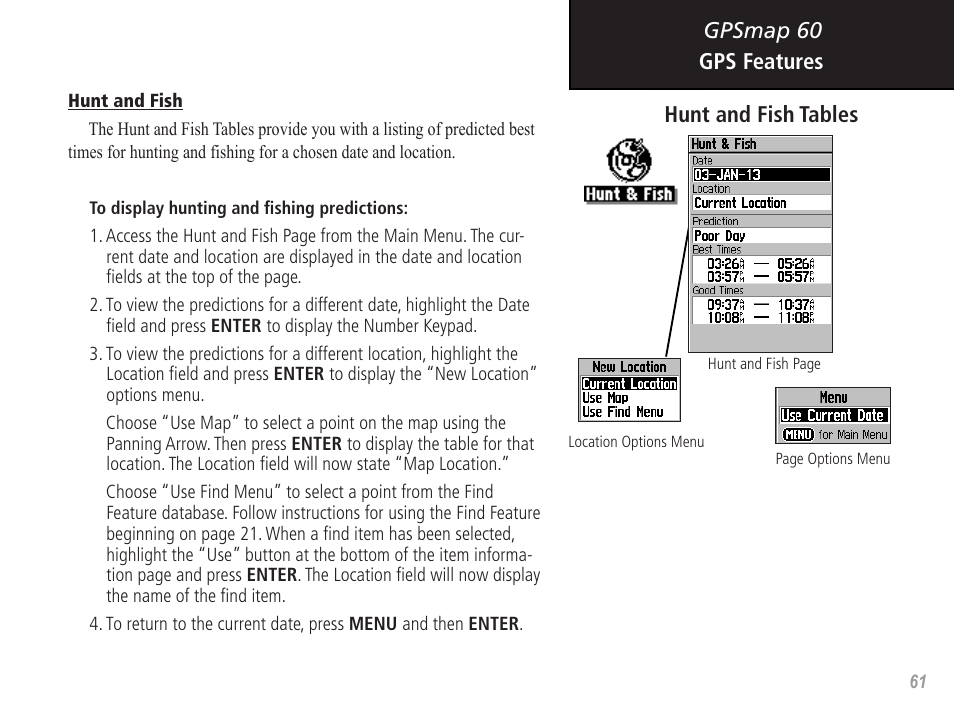 Gpsmap 60 gps features, Hunt and fish tables | Garmin GPSMAP 60 User Manual | Page 71 / 94