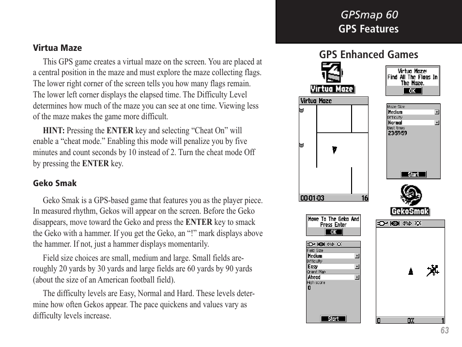 Gpsmap 60 gps features, Gps enhanced games | Garmin GPSMAP 60 User Manual | Page 73 / 94