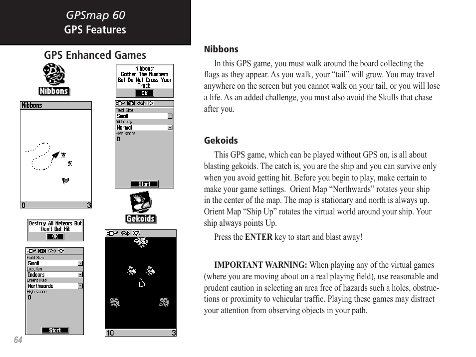 Gpsmap 60 gps features gps enhanced games | Garmin GPSMAP 60 User Manual | Page 74 / 94