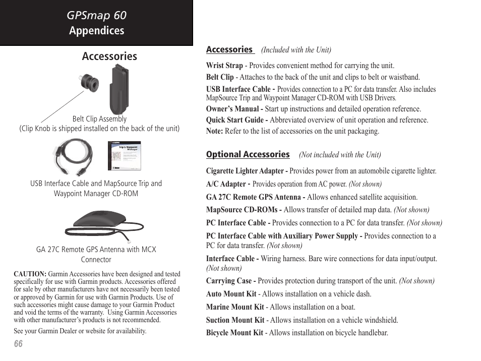 Gpsmap 60 appendices, Accessories | Garmin GPSMAP 60 User Manual | Page 76 / 94