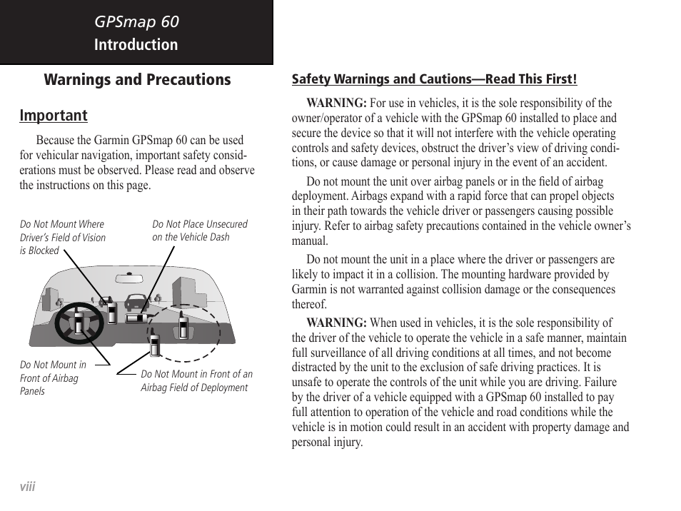 Gpsmap 60, Introduction important, Warnings and precautions | Garmin GPSMAP 60 User Manual | Page 8 / 94