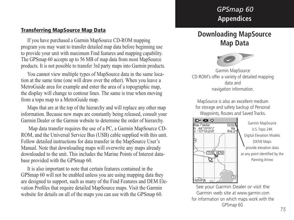 Downloading mapsource map data, Gpsmap 60 appendices | Garmin GPSMAP 60 User Manual | Page 85 / 94