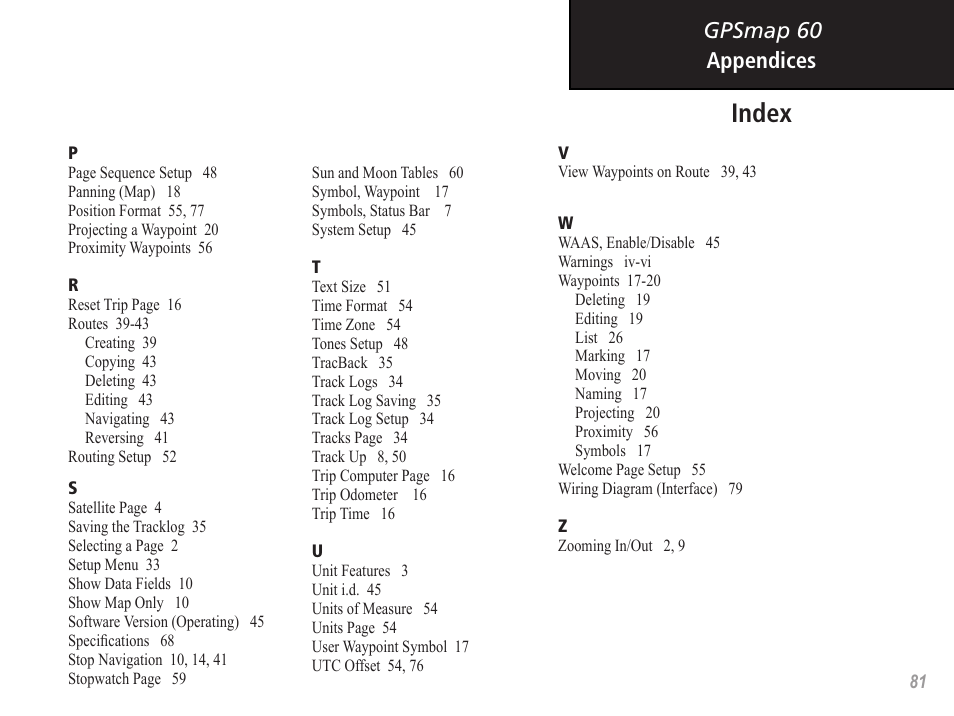 Index, Gpsmap 60 appendices | Garmin GPSMAP 60 User Manual | Page 91 / 94