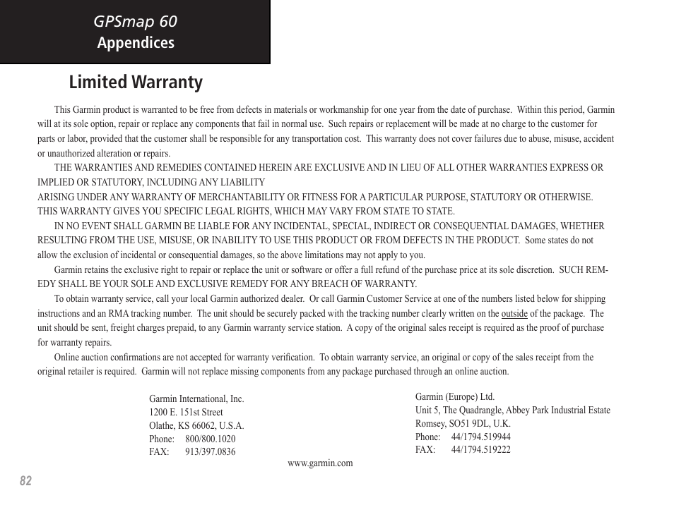 Limited warranty, Gpsmap 60, Appendices | Garmin GPSMAP 60 User Manual | Page 92 / 94