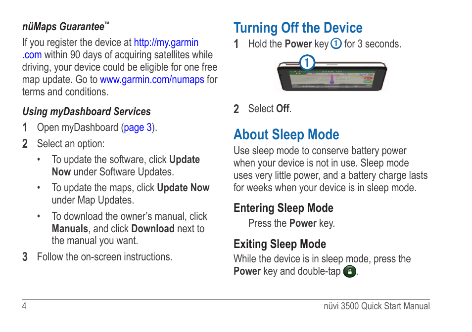 Turning off the device, About sleep mode | Garmin nuvi 3590LMT User Manual | Page 4 / 8