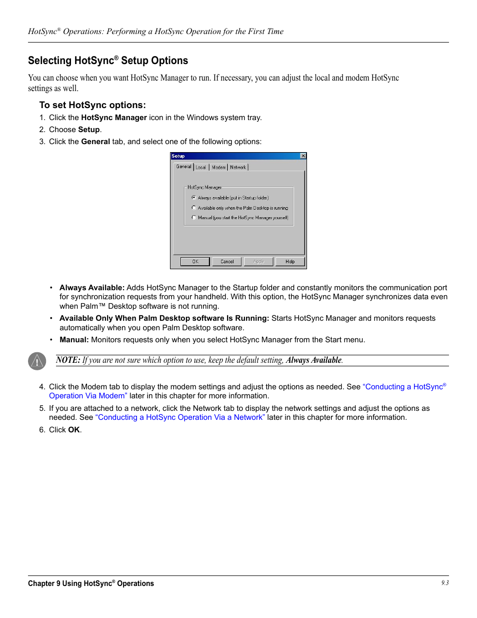 Selecting hotsync® setup options, Selecting hotsync, Setup options | Garmin iQue 3600a User Manual | Page 101 / 124